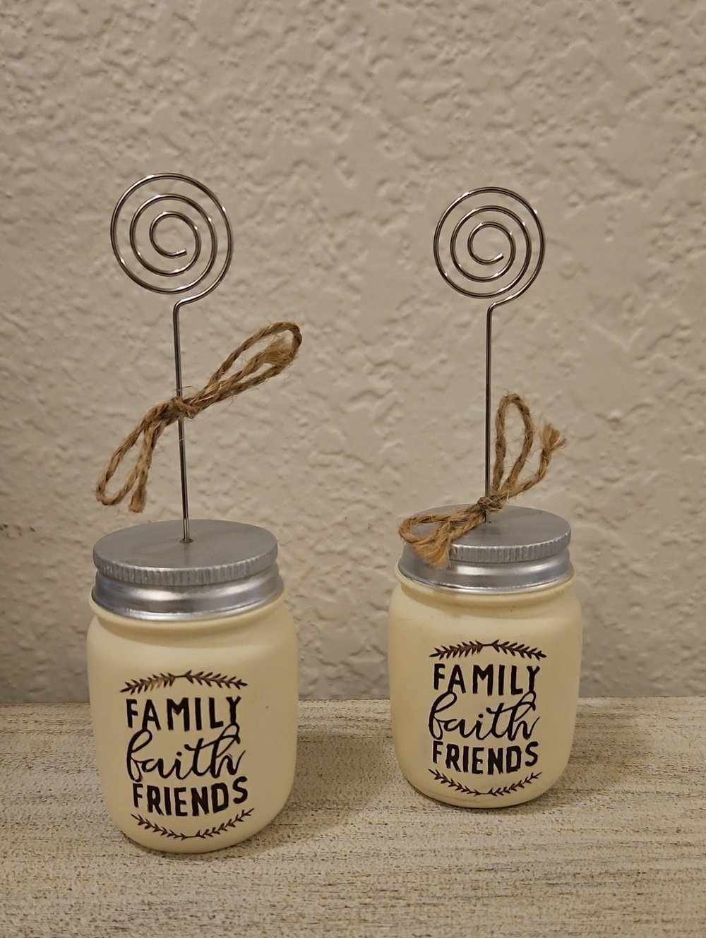 Accent Mason Jar Photo Holders - Cream "Family Faith Friends"